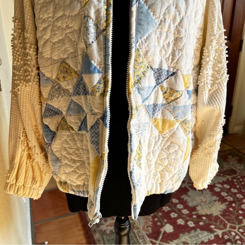 Quilted Patchwork Bomber Jacket - Cream with Blue… - image 3